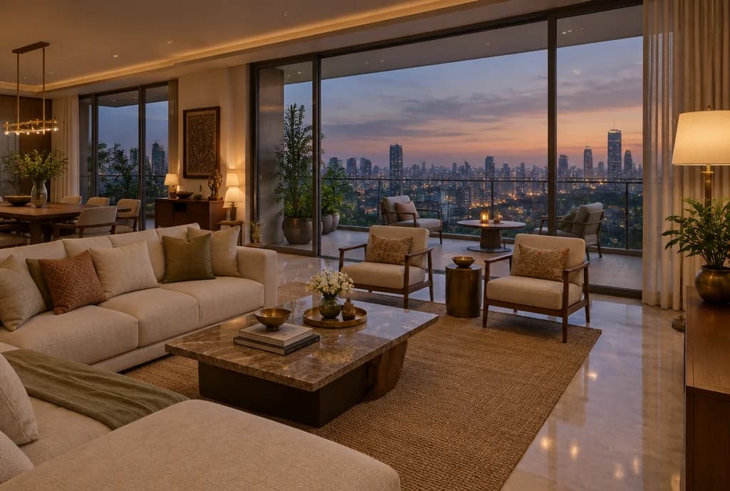 Apartment interior with balcony overlooking the Gurugram skyline
