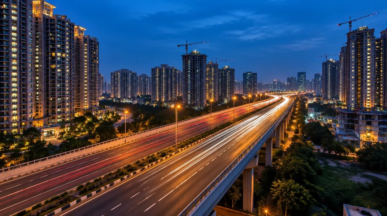 Dwarka Expressway at dusk with light trails and cranes