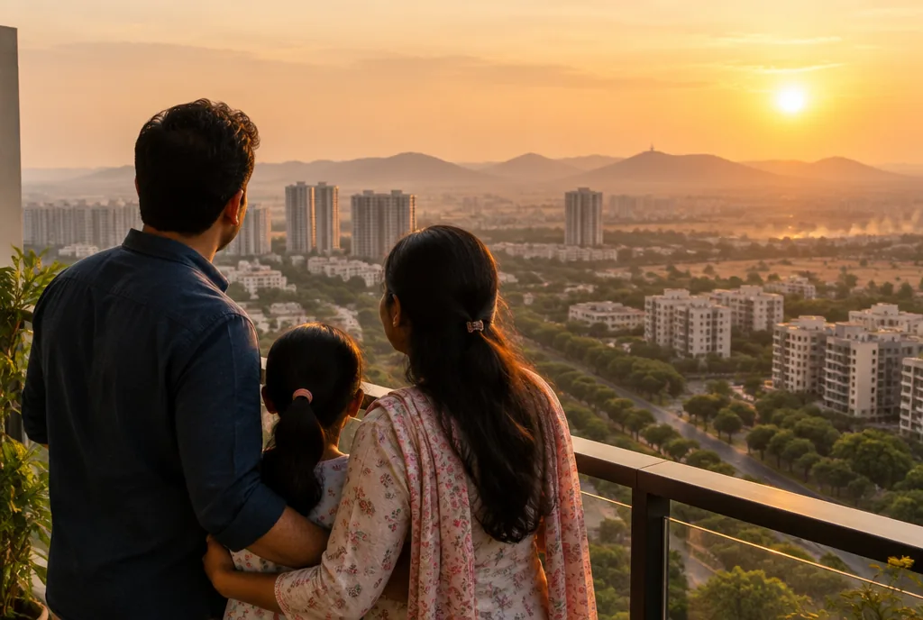 A family on a balcony with the Aravalli hills behind them